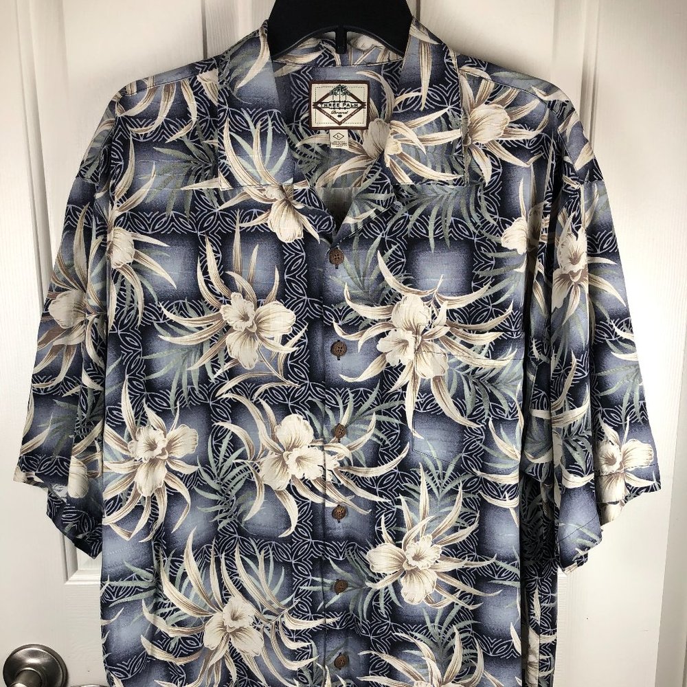 Three Palm Blue Silk Hawaiian Shirt Men's Large - Blue & Cream Orchid Print